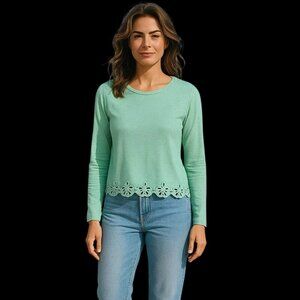 J Jill Womens Medium Teal Embroidered Hem Long Sleeve Cotton Shirt Top Size M